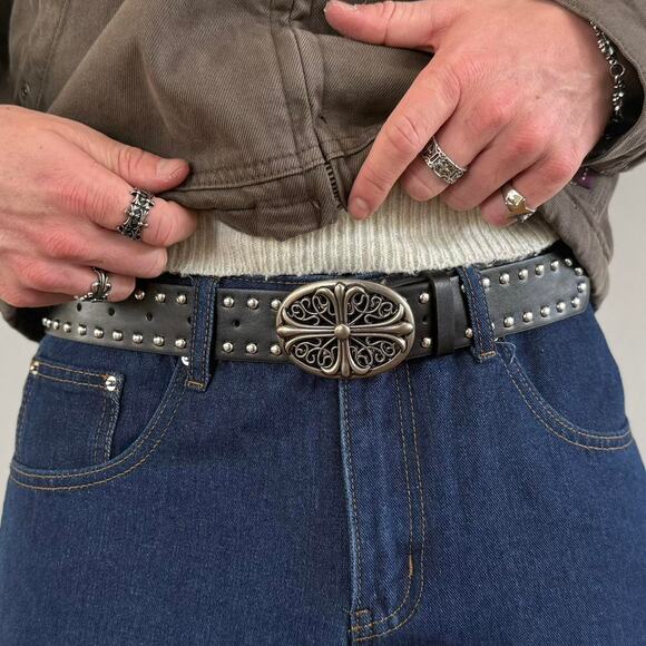 Vintage Chrome Cross Studded Black Belt – Silver Grunge Unisex Style, New - Picture 6 of 8